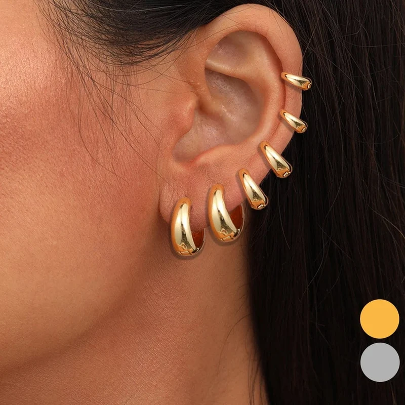 6-teiliges Set schicker, glänzender, goldplattierter ovaler Creolen aus Kupfermetall für Damen und Teenager – perfekt für jeden Tag und jeden Tag. Die stapelbaren Creolen sind ein echter Hingucker.