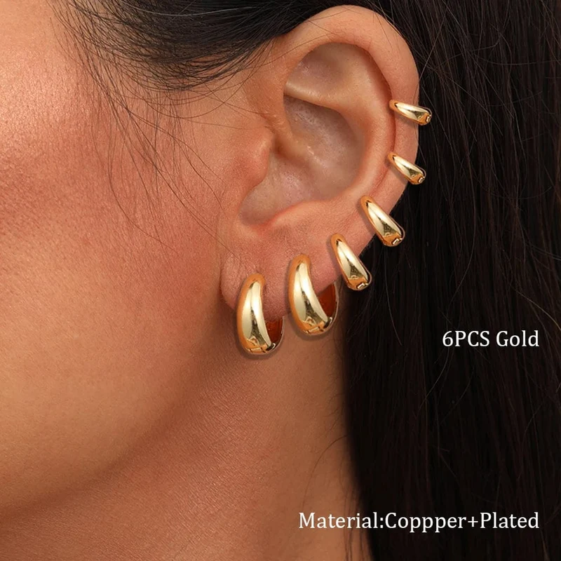 6-teiliges Set schicker, glänzender, goldplattierter ovaler Creolen aus Kupfermetall für Damen und Teenager – perfekt für jeden Tag und jeden Tag. Die stapelbaren Creolen sind ein echter Hingucker.