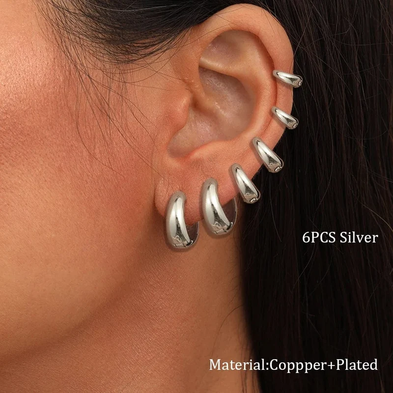 6-teiliges Set schicker, glänzender, goldplattierter ovaler Creolen aus Kupfermetall für Damen und Teenager – perfekt für jeden Tag und jeden Tag. Die stapelbaren Creolen sind ein echter Hingucker.