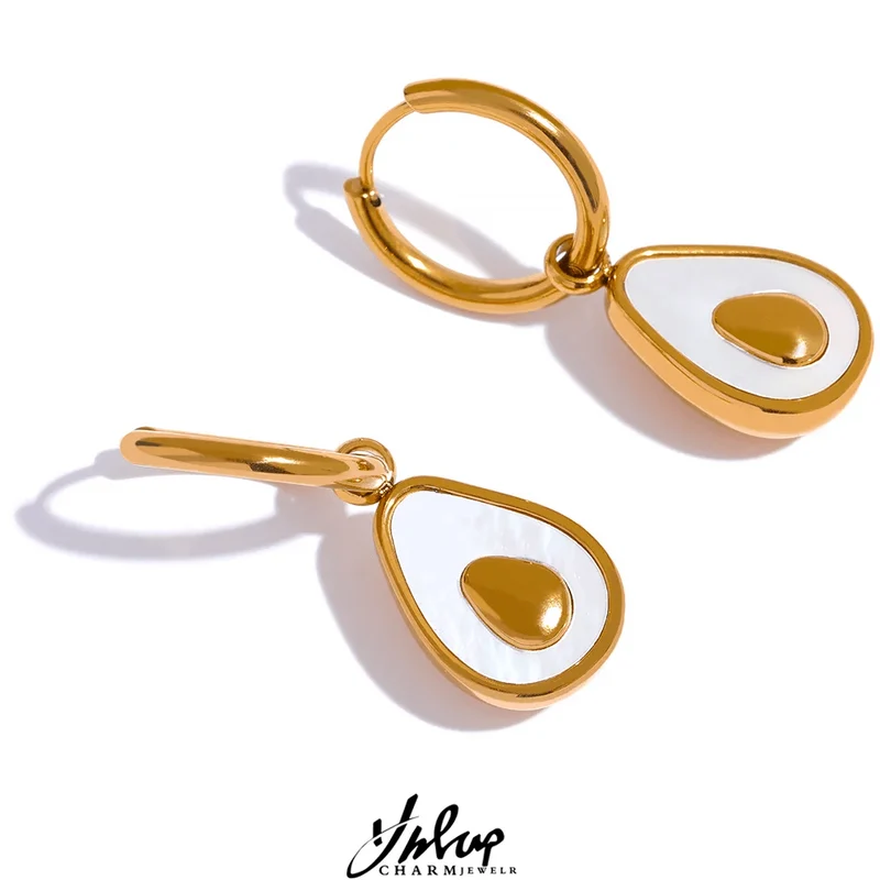 Yhpup Goldene Avocado-Tropfen-Creolen aus Edelstahl mit Frucht-Huggie-Ohrringen für Frauen, natürliche Muschel, modischer Charme, süßer Schmuck, Geschenk