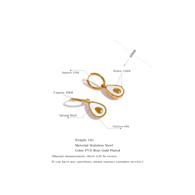 Yhpup Goldene Avocado-Tropfen-Creolen aus Edelstahl mit Frucht-Huggie-Ohrringen für Frauen, natürliche Muschel, modischer Charme, süßer Schmuck, Geschenk