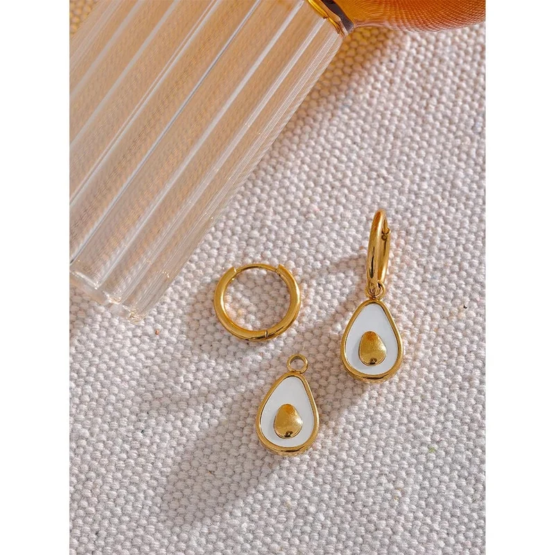 Yhpup Goldene Avocado-Tropfen-Creolen aus Edelstahl mit Frucht-Huggie-Ohrringen für Frauen, natürliche Muschel, modischer Charme, süßer Schmuck, Geschenk