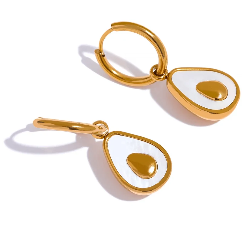 Yhpup Goldene Avocado-Tropfen-Creolen aus Edelstahl mit Frucht-Huggie-Ohrringen für Frauen, natürliche Muschel, modischer Charme, süßer Schmuck, Geschenk