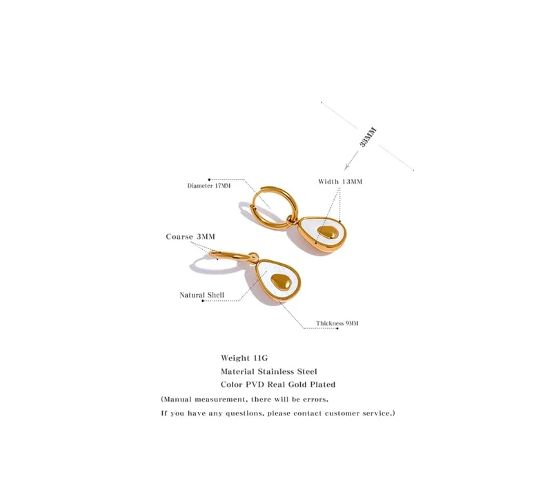 Yhpup Goldene Avocado-Tropfen-Creolen aus Edelstahl mit Frucht-Huggie-Ohrringen für Frauen, natürliche Muschel, modischer Charme, süßer Schmuck, Geschenk