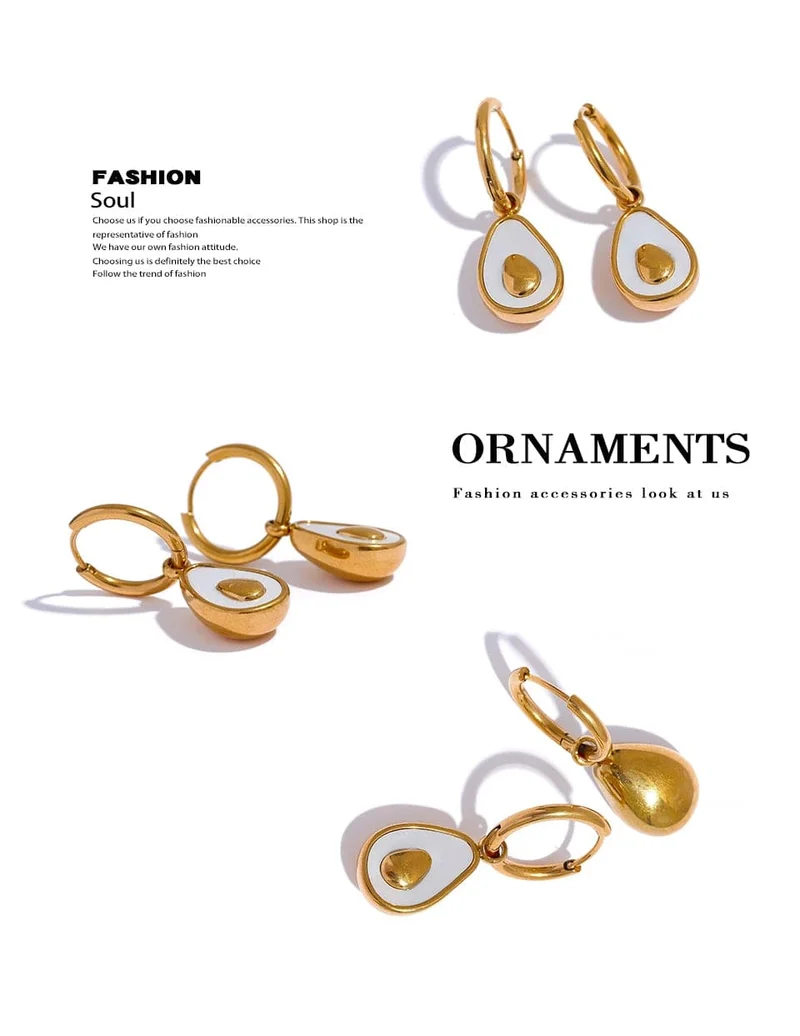 Yhpup Goldene Avocado-Tropfen-Creolen aus Edelstahl mit Frucht-Huggie-Ohrringen für Frauen, natürliche Muschel, modischer Charme, süßer Schmuck, Geschenk