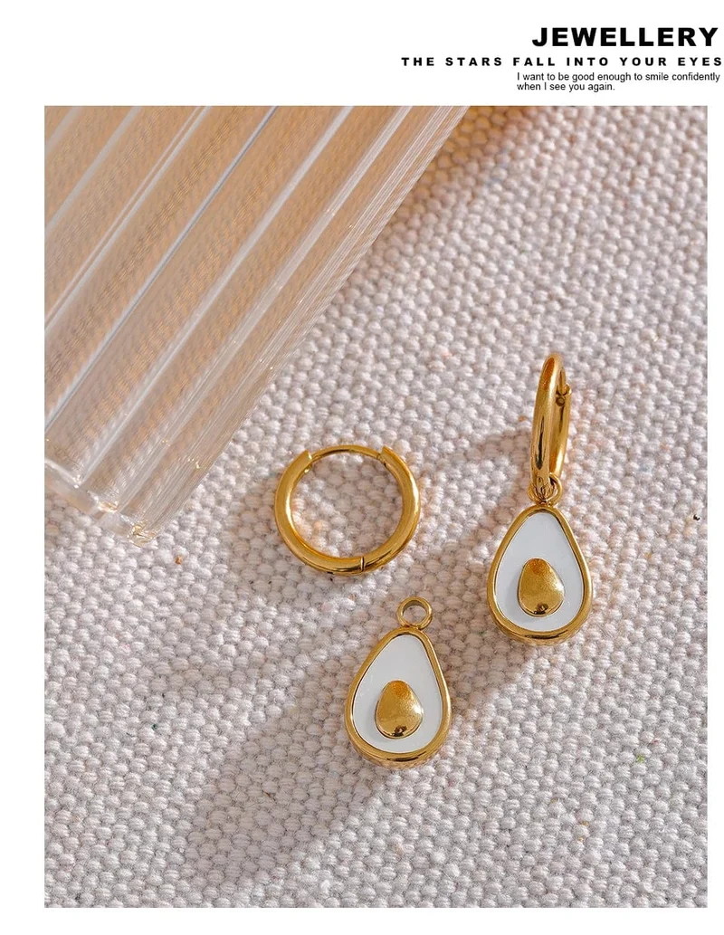 Yhpup Goldene Avocado-Tropfen-Creolen aus Edelstahl mit Frucht-Huggie-Ohrringen für Frauen, natürliche Muschel, modischer Charme, süßer Schmuck, Geschenk
