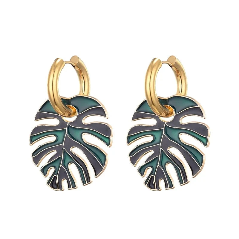 Heiße bunte Blattanhänger Goldfarbe Edelstahl Ohrringe für Frauen Schmuck Vintage Aussage Emaille Runde Creolen