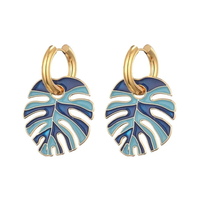 Heiße bunte Blattanhänger Goldfarbe Edelstahl Ohrringe für Frauen Schmuck Vintage Aussage Emaille Runde Creolen