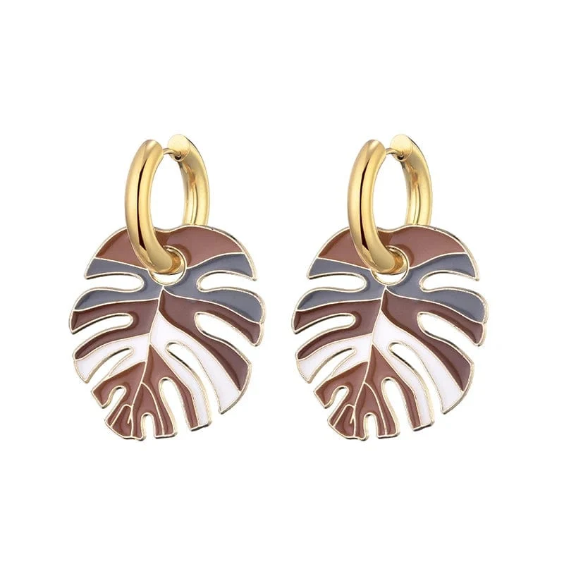 Heiße bunte Blattanhänger Goldfarbe Edelstahl Ohrringe für Frauen Schmuck Vintage Aussage Emaille Runde Creolen