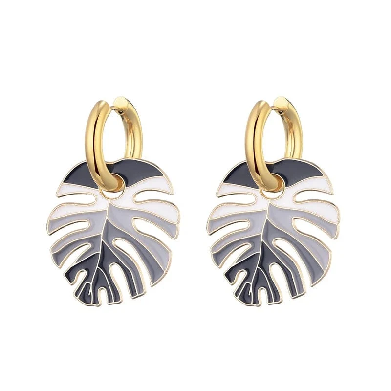 Heiße bunte Blattanhänger Goldfarbe Edelstahl Ohrringe für Frauen Schmuck Vintage Aussage Emaille Runde Creolen