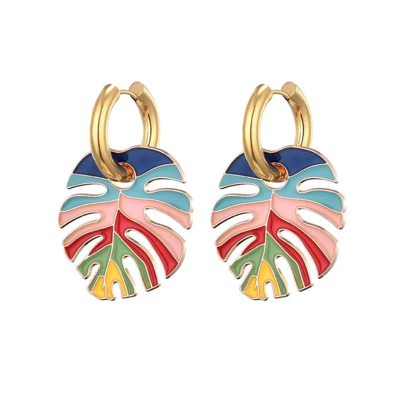 Heiße bunte Blattanhänger Goldfarbe Edelstahl Ohrringe für Frauen Schmuck Vintage Aussage Emaille Runde Creolen