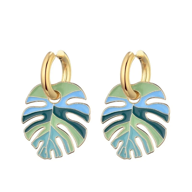 Heiße bunte Blattanhänger Goldfarbe Edelstahl Ohrringe für Frauen Schmuck Vintage Aussage Emaille Runde Creolen