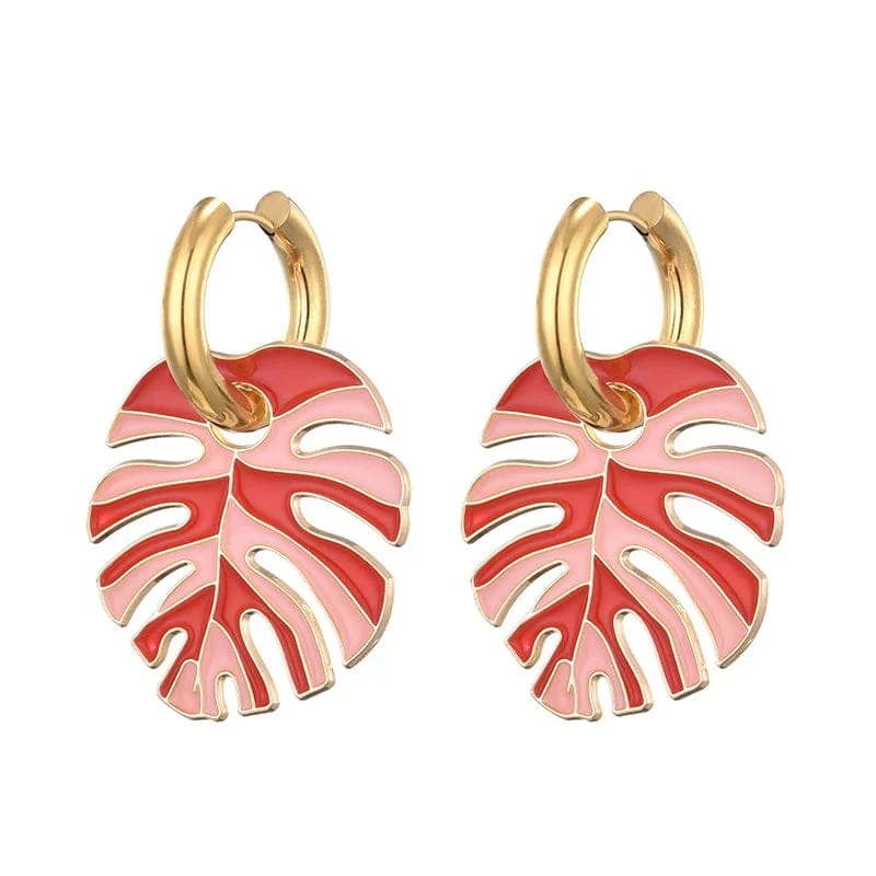 Heiße bunte Blattanhänger Goldfarbe Edelstahl Ohrringe für Frauen Schmuck Vintage Aussage Emaille Runde Creolen