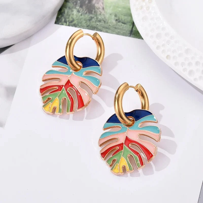 Heiße bunte Blattanhänger Goldfarbe Edelstahl Ohrringe für Frauen Schmuck Vintage Aussage Emaille Runde Creolen