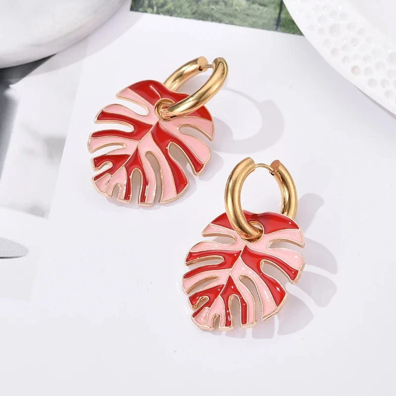 Heiße bunte Blattanhänger Goldfarbe Edelstahl Ohrringe für Frauen Schmuck Vintage Aussage Emaille Runde Creolen