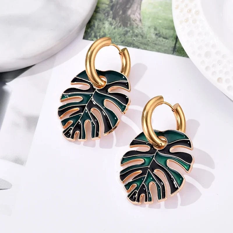 Heiße bunte Blattanhänger Goldfarbe Edelstahl Ohrringe für Frauen Schmuck Vintage Aussage Emaille Runde Creolen