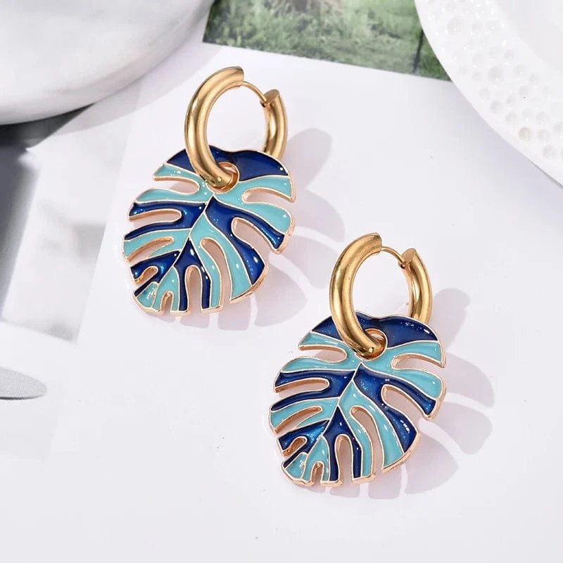 Heiße bunte Blattanhänger Goldfarbe Edelstahl Ohrringe für Frauen Schmuck Vintage Aussage Emaille Runde Creolen