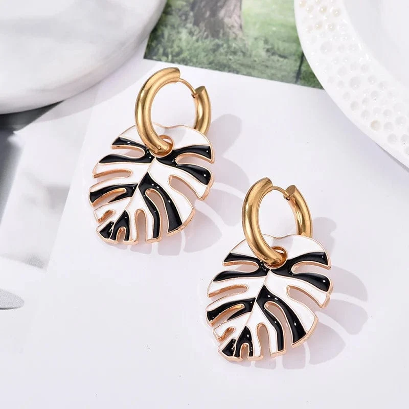 Heiße bunte Blattanhänger Goldfarbe Edelstahl Ohrringe für Frauen Schmuck Vintage Aussage Emaille Runde Creolen