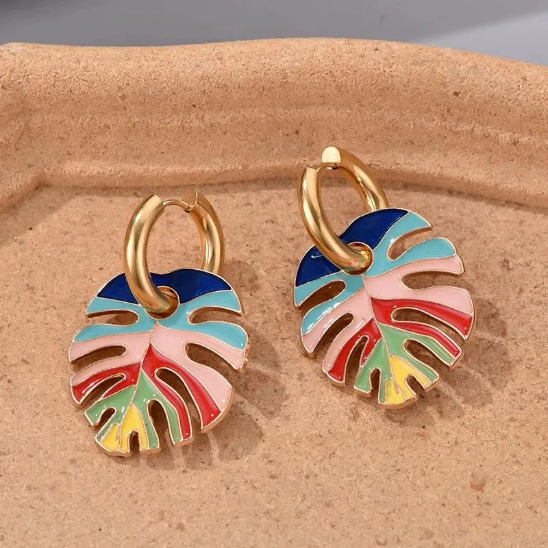 Heiße bunte Blattanhänger Goldfarbe Edelstahl Ohrringe für Frauen Schmuck Vintage Aussage Emaille Runde Creolen