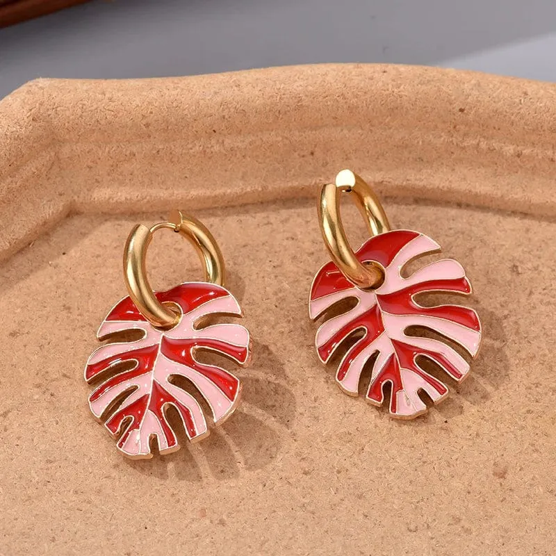 Heiße bunte Blattanhänger Goldfarbe Edelstahl Ohrringe für Frauen Schmuck Vintage Aussage Emaille Runde Creolen