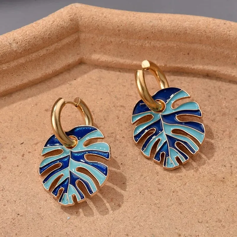 Heiße bunte Blattanhänger Goldfarbe Edelstahl Ohrringe für Frauen Schmuck Vintage Aussage Emaille Runde Creolen