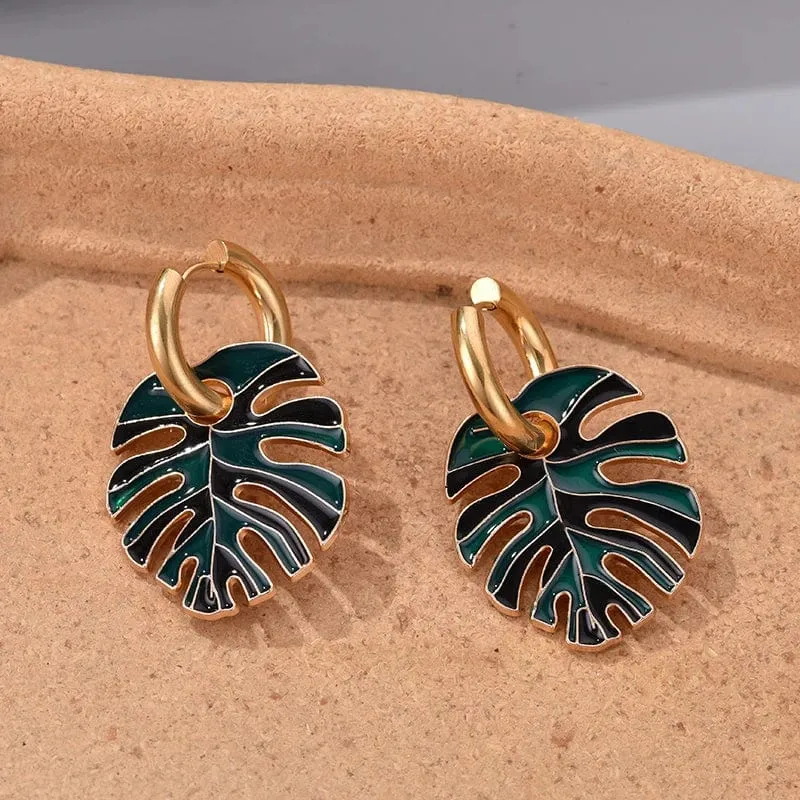 Heiße bunte Blattanhänger Goldfarbe Edelstahl Ohrringe für Frauen Schmuck Vintage Aussage Emaille Runde Creolen