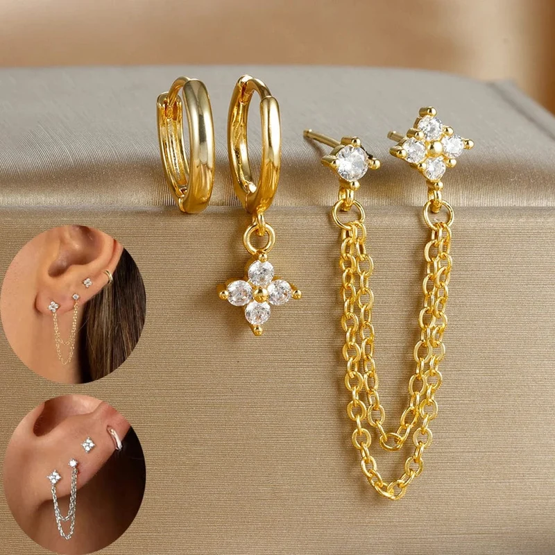 3-teiliges neues Set aus vier Zirkonia-Blumen-Creolen für Damen, Edelstahl, Doppelstecker, Kette, Quaste, Huggie Piercing-Schmuck