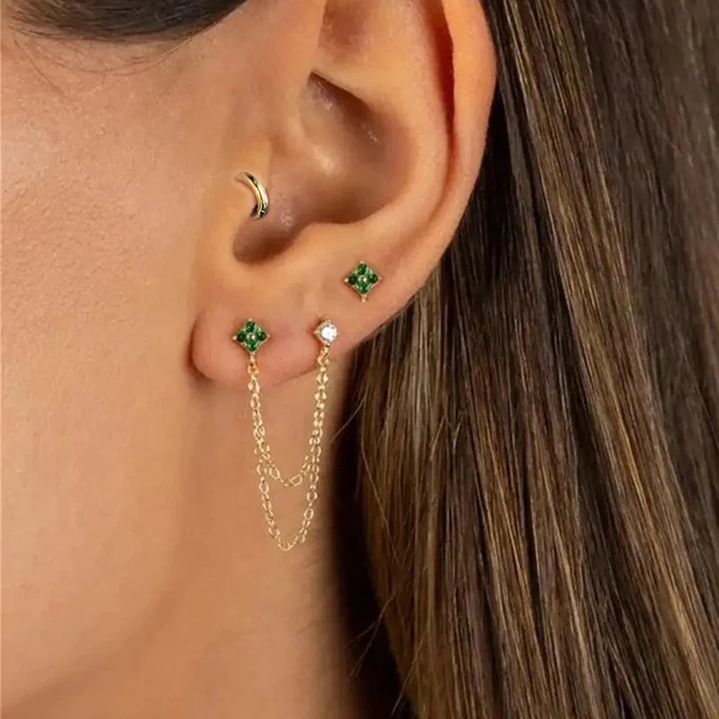 3-teiliges neues Set aus vier Zirkonia-Blumen-Creolen für Damen, Edelstahl, Doppelstecker, Kette, Quaste, Huggie Piercing-Schmuck