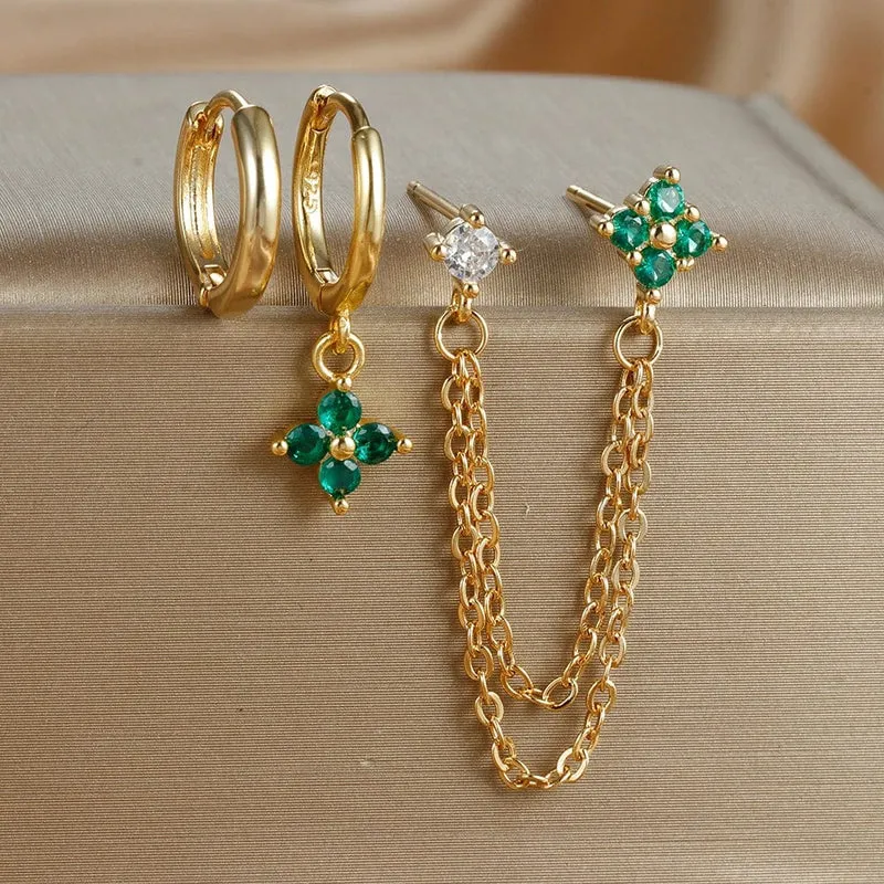 3-teiliges neues Set aus vier Zirkonia-Blumen-Creolen für Damen, Edelstahl, Doppelstecker, Kette, Quaste, Huggie Piercing-Schmuck