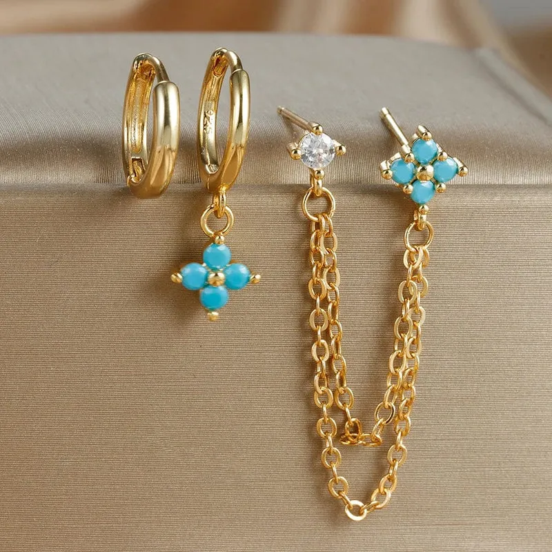 3-teiliges neues Set aus vier Zirkonia-Blumen-Creolen für Damen, Edelstahl, Doppelstecker, Kette, Quaste, Huggie Piercing-Schmuck