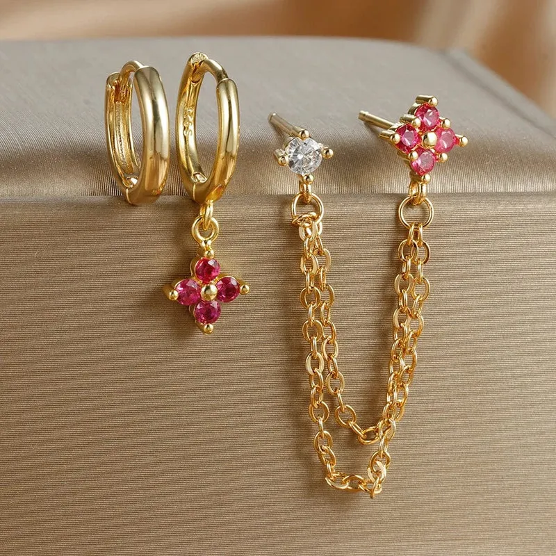 3-teiliges neues Set aus vier Zirkonia-Blumen-Creolen für Damen, Edelstahl, Doppelstecker, Kette, Quaste, Huggie Piercing-Schmuck