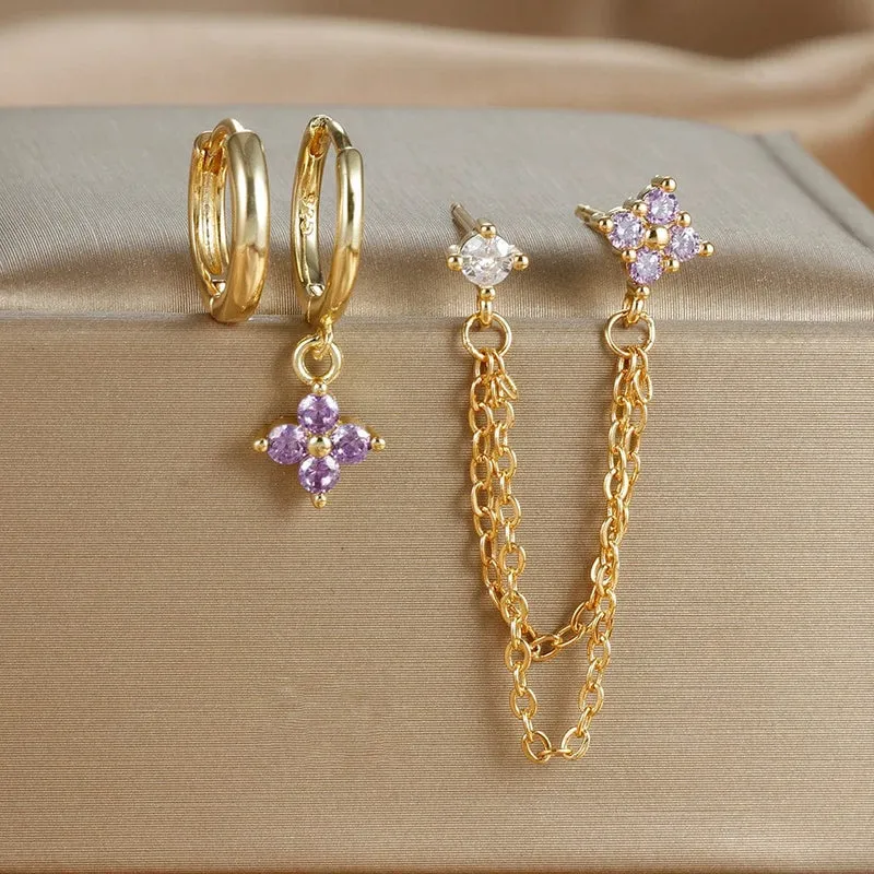 3-teiliges neues Set aus vier Zirkonia-Blumen-Creolen für Damen, Edelstahl, Doppelstecker, Kette, Quaste, Huggie Piercing-Schmuck