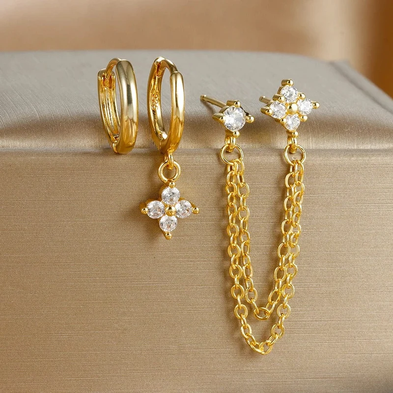 3-teiliges neues Set aus vier Zirkonia-Blumen-Creolen für Damen, Edelstahl, Doppelstecker, Kette, Quaste, Huggie Piercing-Schmuck