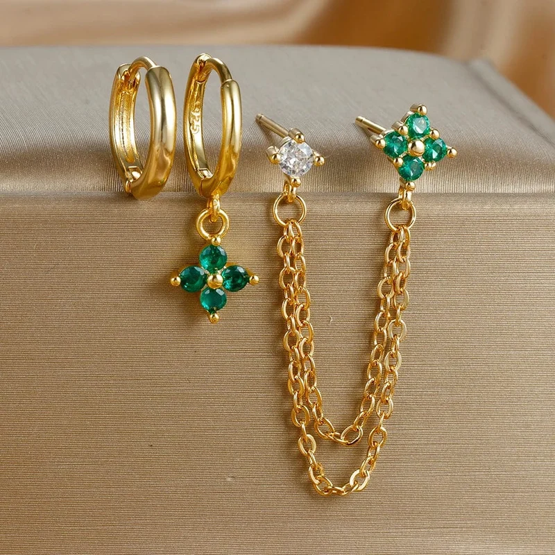 3-teiliges neues Set aus vier Zirkonia-Blumen-Creolen für Damen, Edelstahl, Doppelstecker, Kette, Quaste, Huggie Piercing-Schmuck