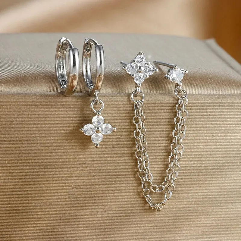 3-teiliges neues Set aus vier Zirkonia-Blumen-Creolen für Damen, Edelstahl, Doppelstecker, Kette, Quaste, Huggie Piercing-Schmuck