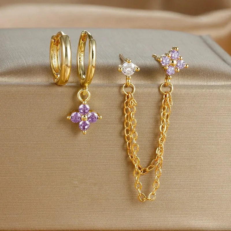 3-teiliges neues Set aus vier Zirkonia-Blumen-Creolen für Damen, Edelstahl, Doppelstecker, Kette, Quaste, Huggie Piercing-Schmuck