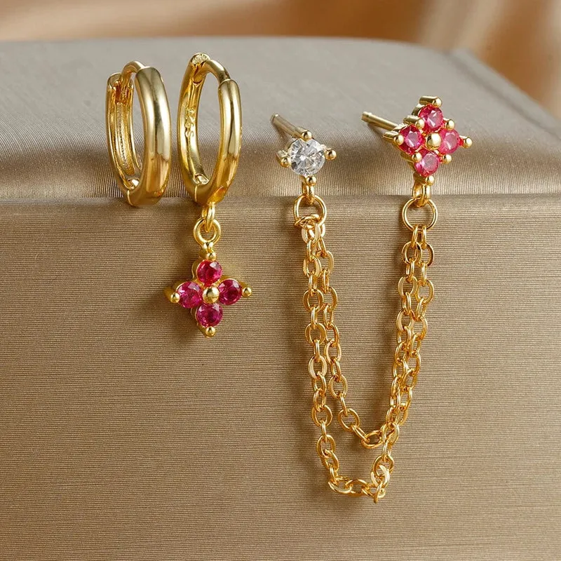 3-teiliges neues Set aus vier Zirkonia-Blumen-Creolen für Damen, Edelstahl, Doppelstecker, Kette, Quaste, Huggie Piercing-Schmuck
