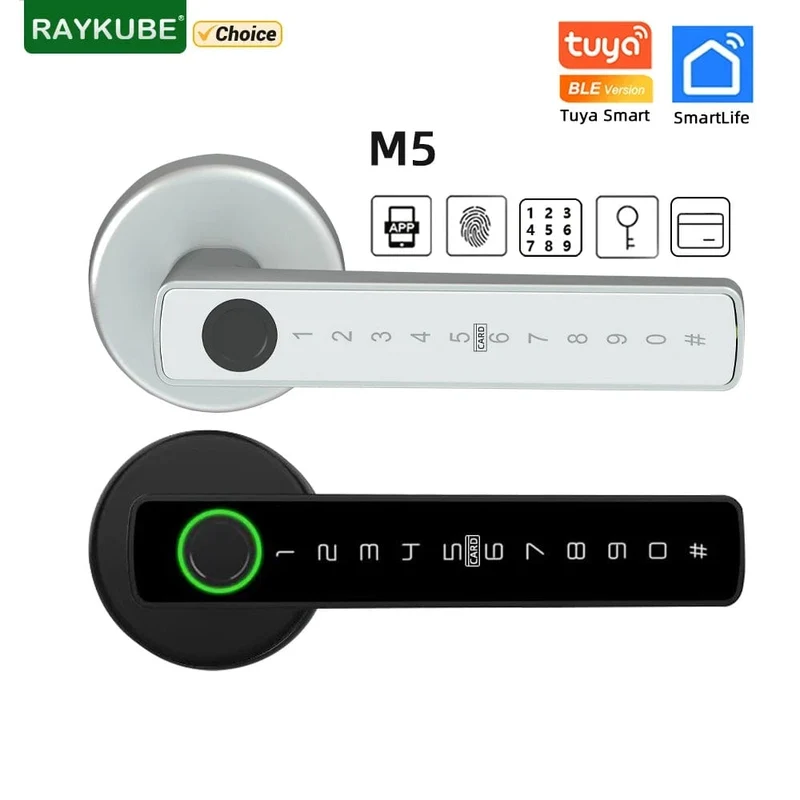 RAYKUBE M5 Tuya BLE Fingerabdruck-Türschloss Digitales elektronisches Schloss mit Passwort/Schlüssel/IC-Karte/Smartlife/Tuya APP-Entsperren