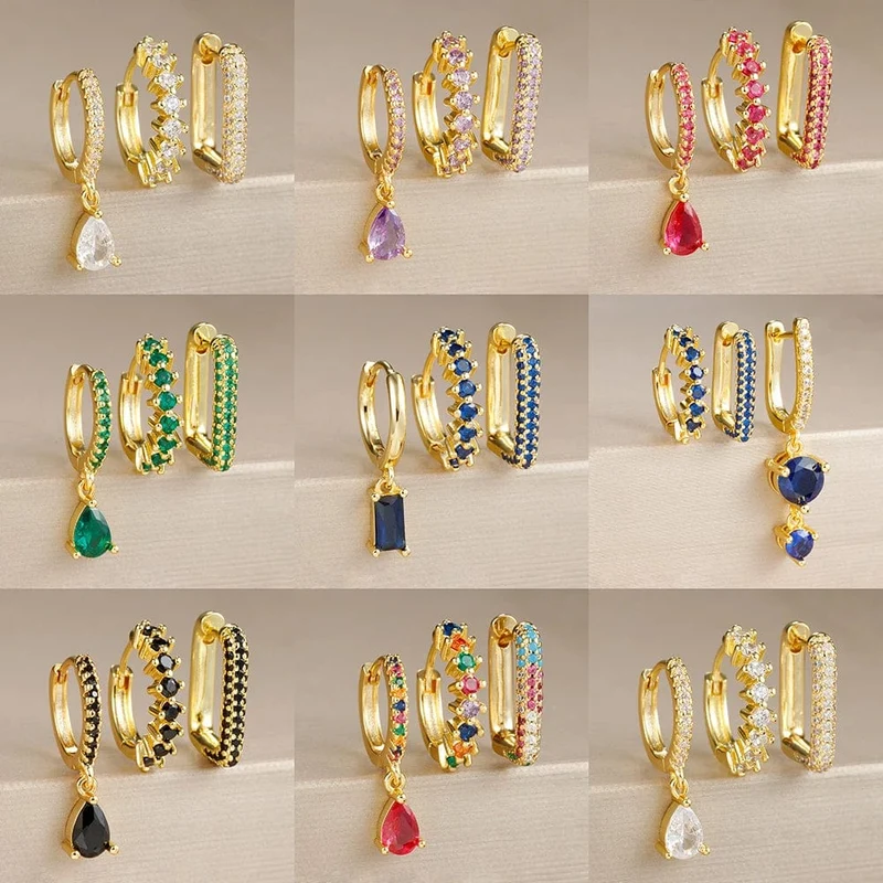 3-teiliges modisches Ohrring-Set mit Zirkonia-Wassertropfen-Anhänger für Frauen, Edelstahl, rund, U-förmig, Creolen, Piercingschmuck