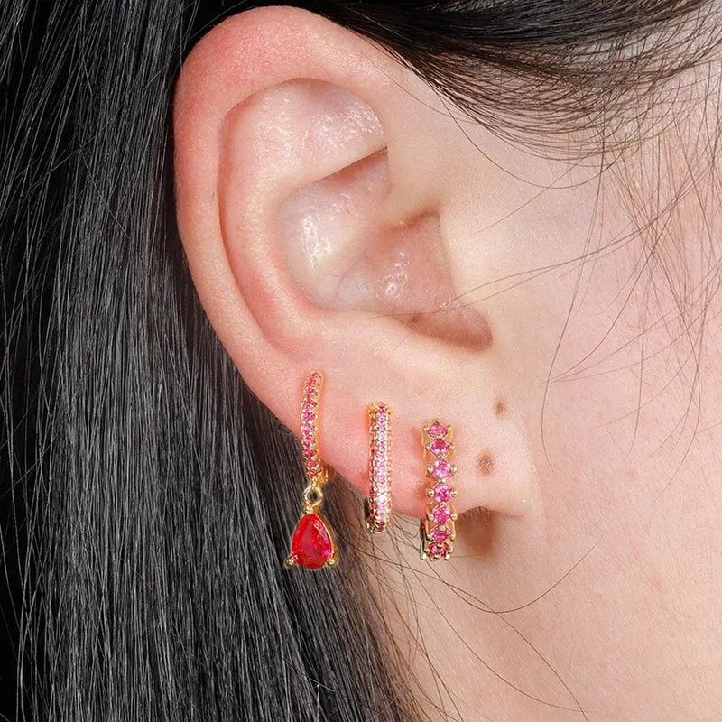 3-teiliges modisches Ohrring-Set mit Zirkonia-Wassertropfen-Anhänger für Frauen, Edelstahl, rund, U-förmig, Creolen, Piercingschmuck