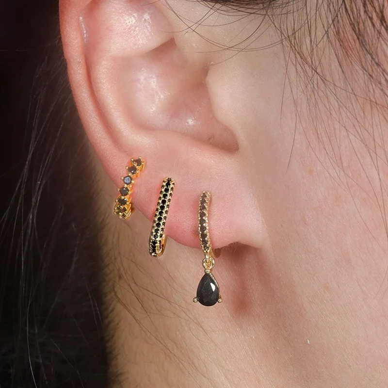 3-teiliges modisches Ohrring-Set mit Zirkonia-Wassertropfen-Anhänger für Frauen, Edelstahl, rund, U-förmig, Creolen, Piercingschmuck