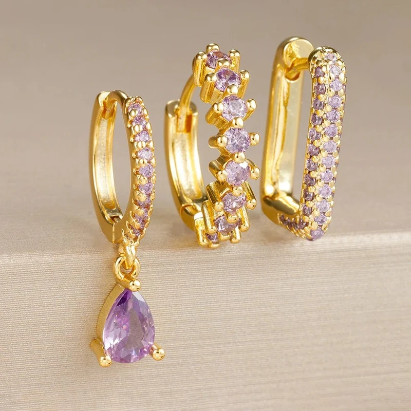 3-teiliges modisches Ohrring-Set mit Zirkonia-Wassertropfen-Anhänger für Frauen, Edelstahl, rund, U-förmig, Creolen, Piercingschmuck