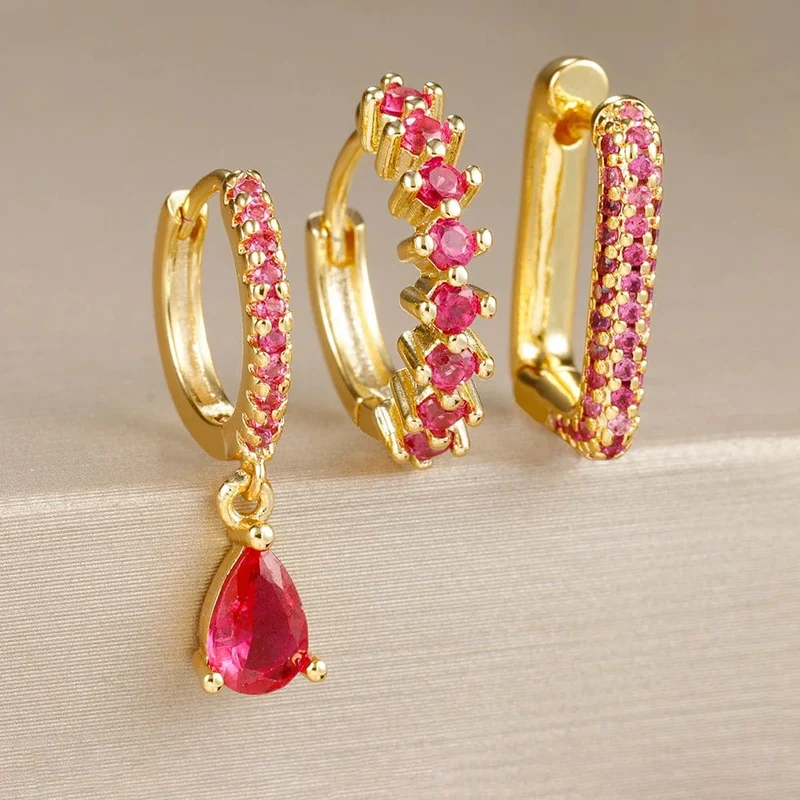 3-teiliges modisches Ohrring-Set mit Zirkonia-Wassertropfen-Anhänger für Frauen, Edelstahl, rund, U-förmig, Creolen, Piercingschmuck