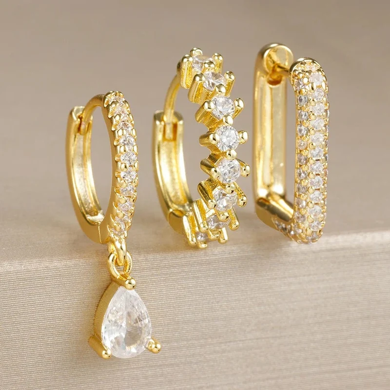 3-teiliges modisches Ohrring-Set mit Zirkonia-Wassertropfen-Anhänger für Frauen, Edelstahl, rund, U-förmig, Creolen, Piercingschmuck