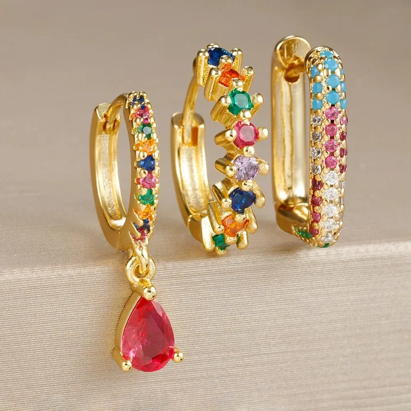 3-teiliges modisches Ohrring-Set mit Zirkonia-Wassertropfen-Anhänger für Frauen, Edelstahl, rund, U-förmig, Creolen, Piercingschmuck