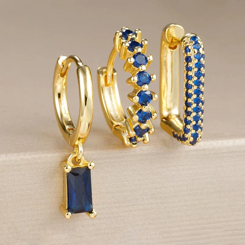 3-teiliges modisches Ohrring-Set mit Zirkonia-Wassertropfen-Anhänger für Frauen, Edelstahl, rund, U-förmig, Creolen, Piercingschmuck