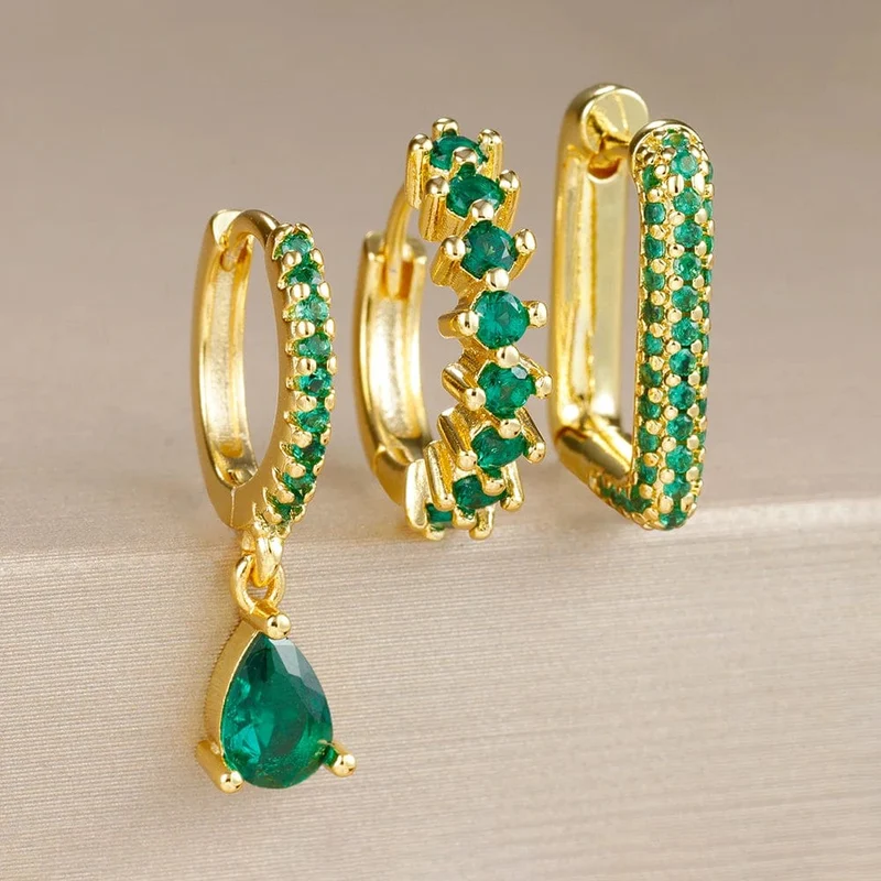 3-teiliges modisches Ohrring-Set mit Zirkonia-Wassertropfen-Anhänger für Frauen, Edelstahl, rund, U-förmig, Creolen, Piercingschmuck