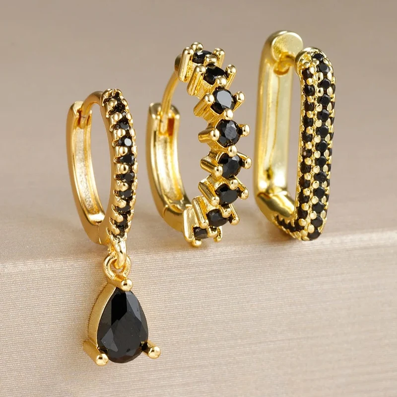 3-teiliges modisches Ohrring-Set mit Zirkonia-Wassertropfen-Anhänger für Frauen, Edelstahl, rund, U-förmig, Creolen, Piercingschmuck