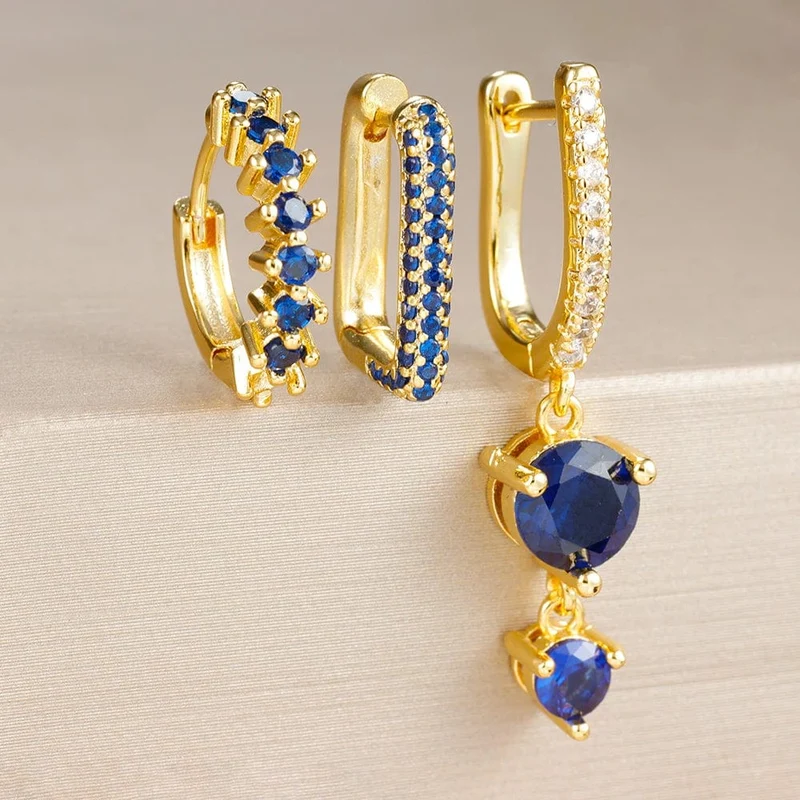 3-teiliges modisches Ohrring-Set mit Zirkonia-Wassertropfen-Anhänger für Frauen, Edelstahl, rund, U-förmig, Creolen, Piercingschmuck