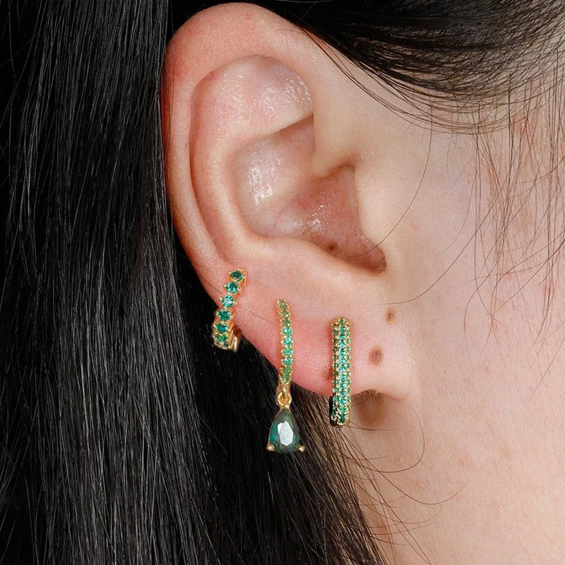 3-teiliges modisches Ohrring-Set mit Zirkonia-Wassertropfen-Anhänger für Frauen, Edelstahl, rund, U-förmig, Creolen, Piercingschmuck